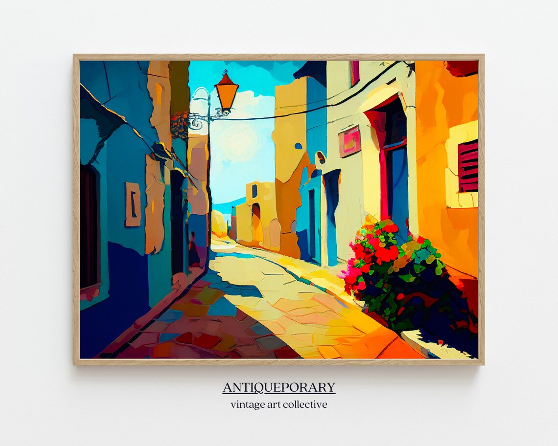 Vivid Abstract City Alley Painting Bold Blue Orange Street Poster