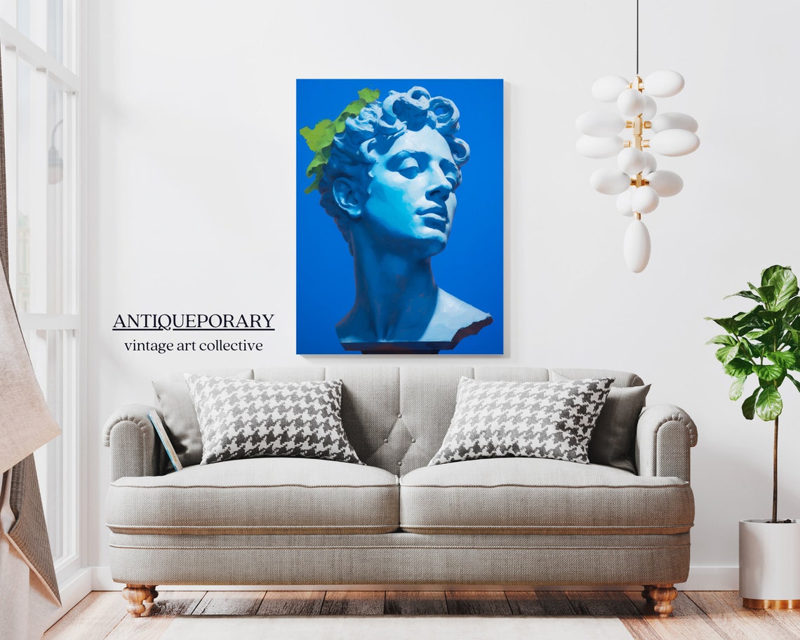 Blue Greek Bust Statue Laurel Leaves Vivid Blue Background Art Poster - Image 7
