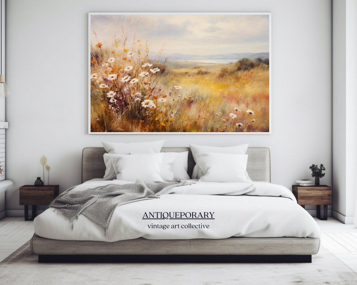 Golden Meadow Wildflowers with Lake and Hills Soft Light Art Poster - Image 4
