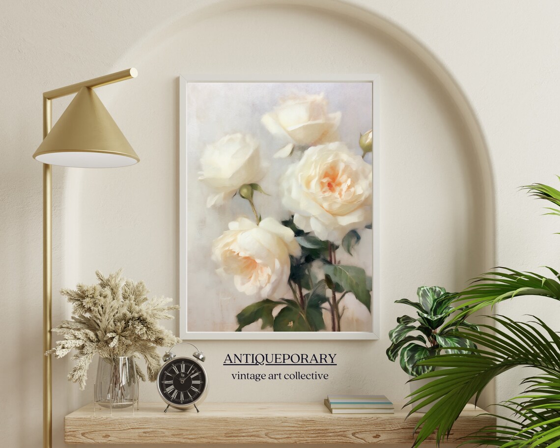 Cream White Roses Close Up Soft Neutral Floral Painting Poster - Image 4