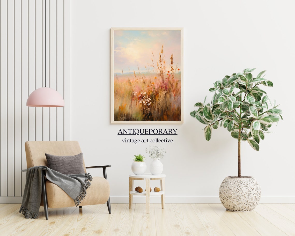 Muted Fall Wildflower Meadow in Soft Neutral Landscape Painting Poster - Image 3