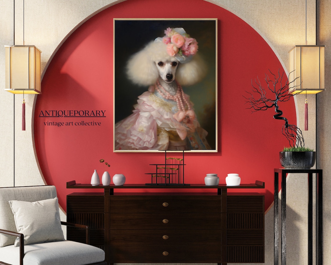 Elegant Poodle Lady in Pink Gown Pearl Necklace Portrait Wall Art