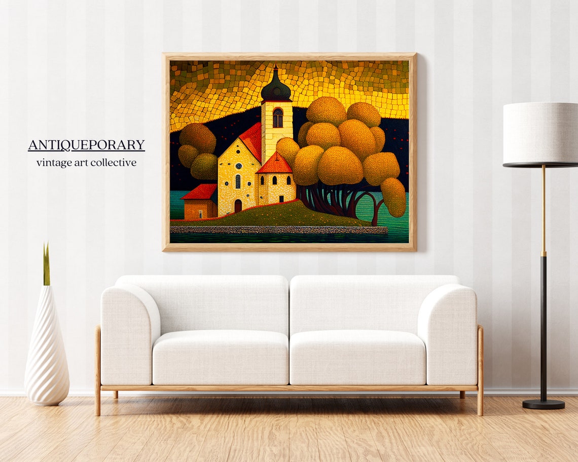 Stylized Island Church with Red Roofs Mosaic Golden Sky Poster - Image 6