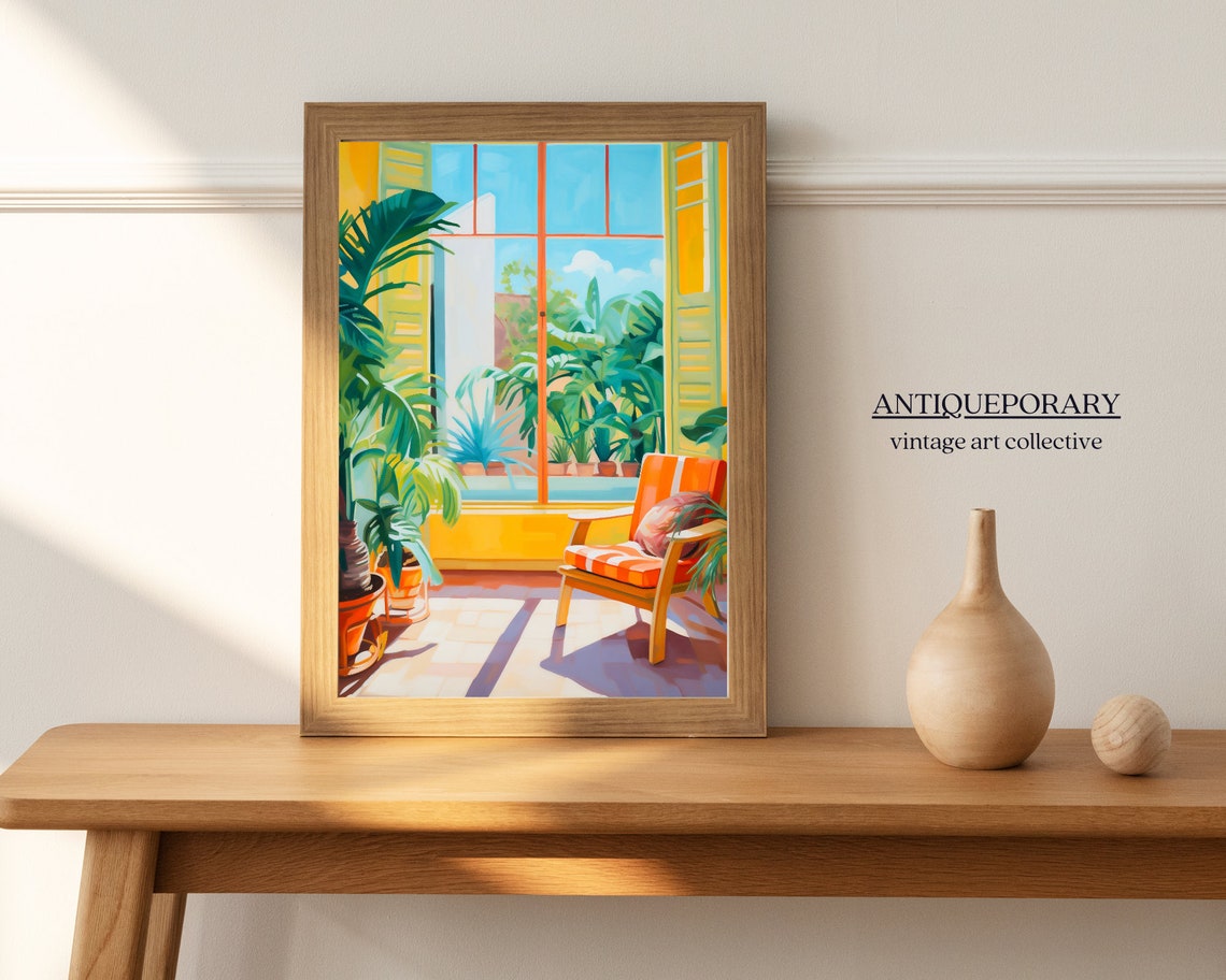 Tropical Sunroom Interior Painting Palm Plants Orange Armchair Poster - Image 6