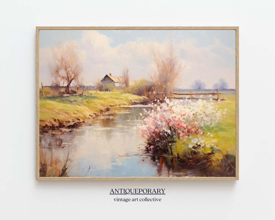 Spring Blossom Stream Countryside Cottage Peaceful Landscape Art Poster