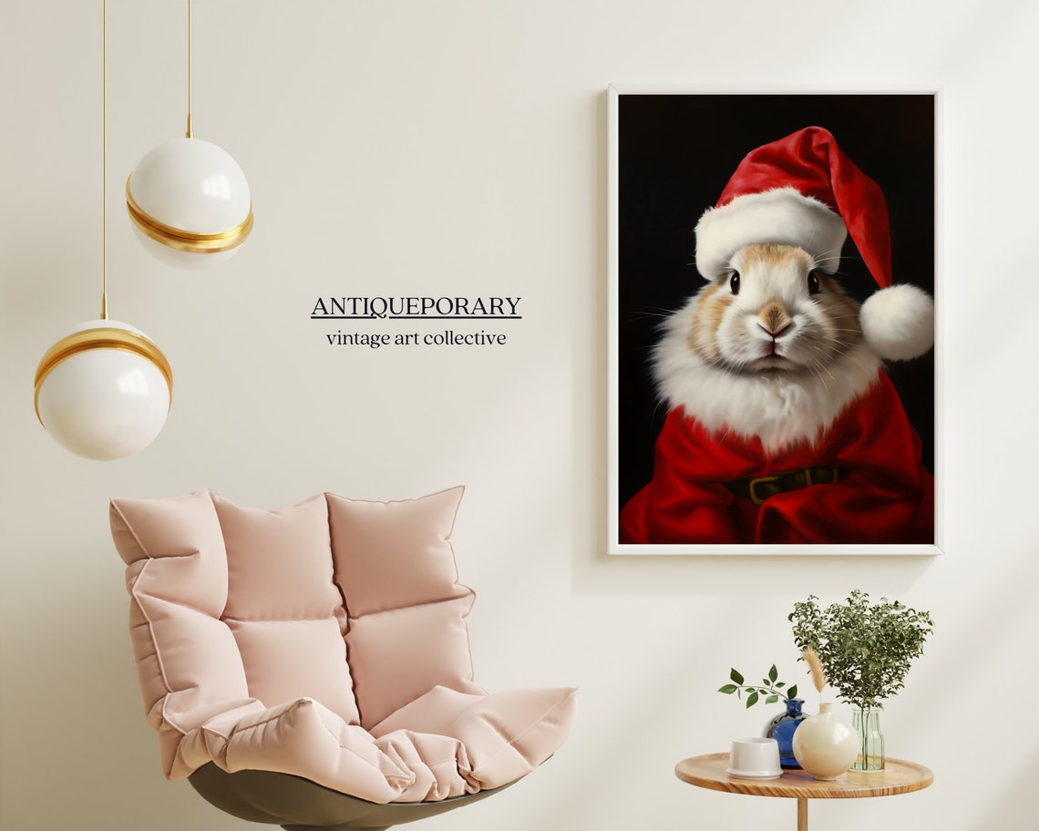 Bunny in Santa Suit and Hat Vintage Christmas Animal Portrait Poster - Image 6