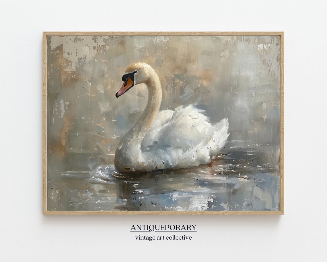 Graceful White Swan Calm Water Abstract Neutral Bird Painting Poster
