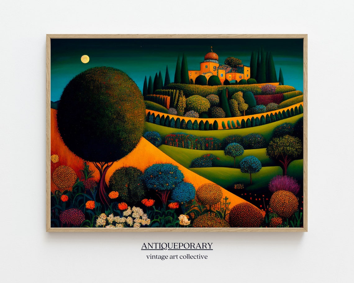 Moonlit Hilltop Town with Golden Dome Terraced Garden Poster