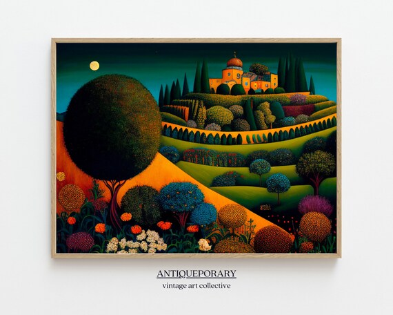 Moonlit Hilltop Town with Golden Dome Terraced Garden Poster