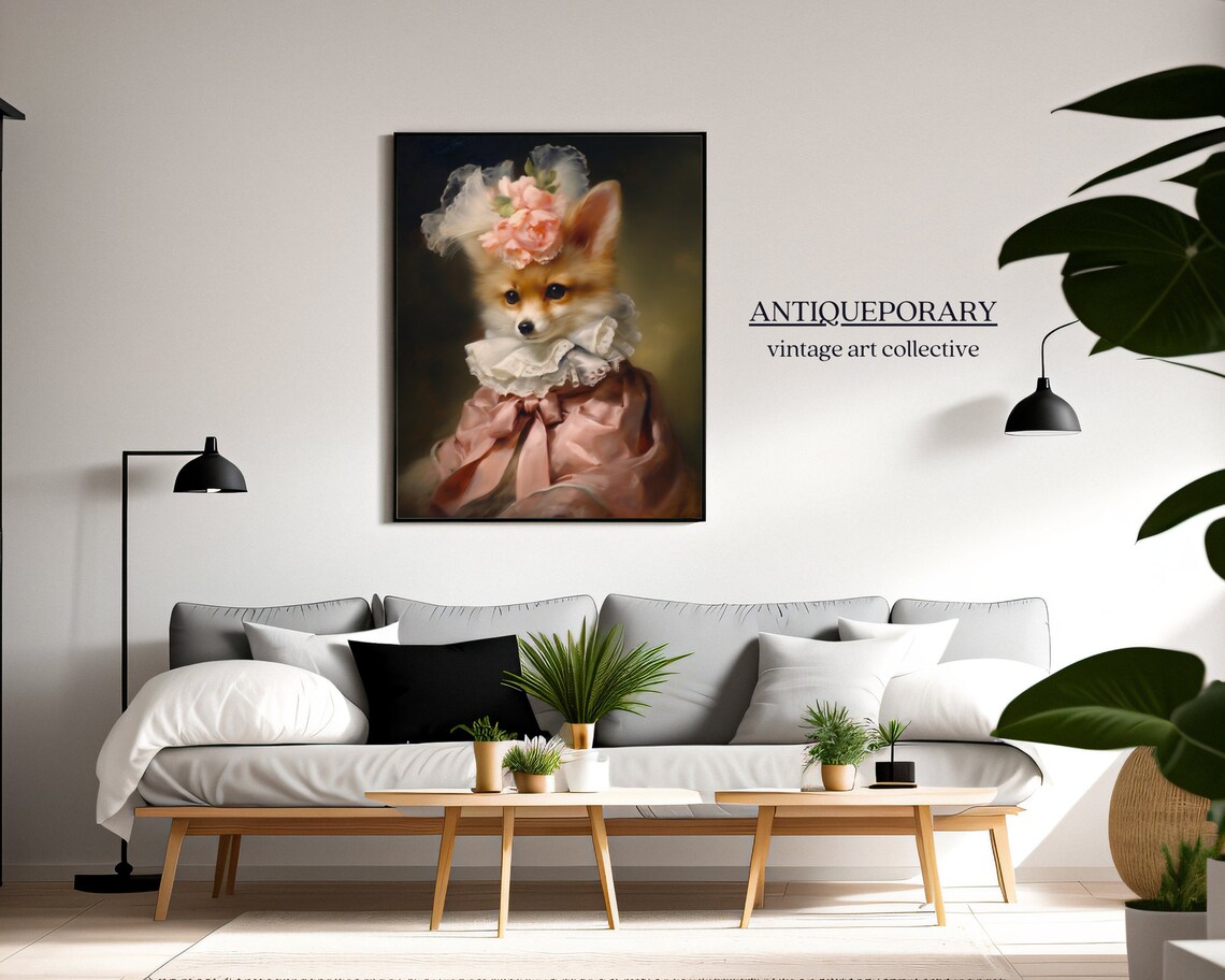 Baby Fox Pup Pink Dress Floral Hat Vintage Animal Portrait Poster - Image 4