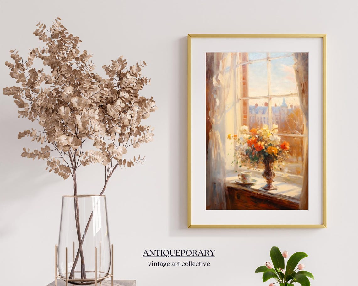 Vintage Floral Still Life Duo with White Roses and Window Blooms Print - Image 5