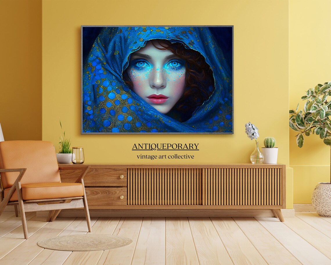 Mystical Woman in Blue Jeweled Veil Fantasy Portrait Art Poster - Image 4