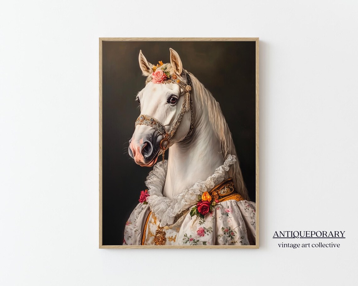 White Horse in Bridal Gown with Rose Headdress Vintage Portrait Poster