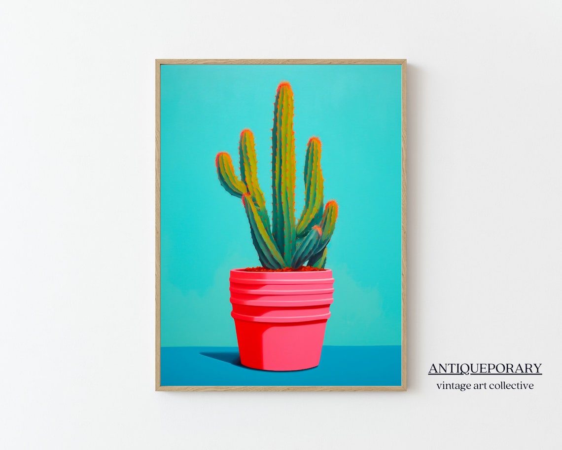 Pink Pot Cactus Turquoise Background Modern Pop Art Style Poster
