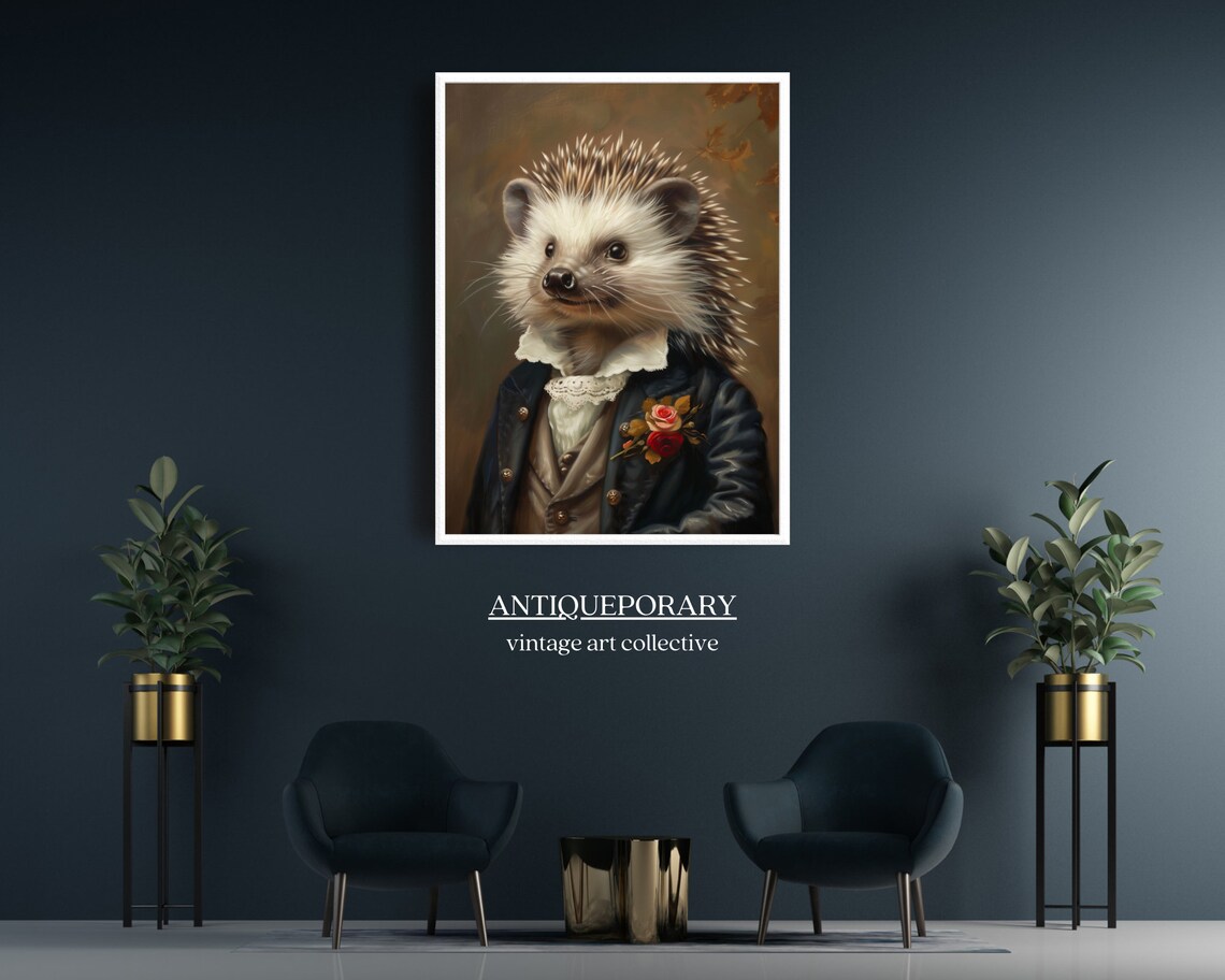 Hedgehog Gentleman Coat Rose Boutonniere Vintage Animal Portrait Poster - Image 4