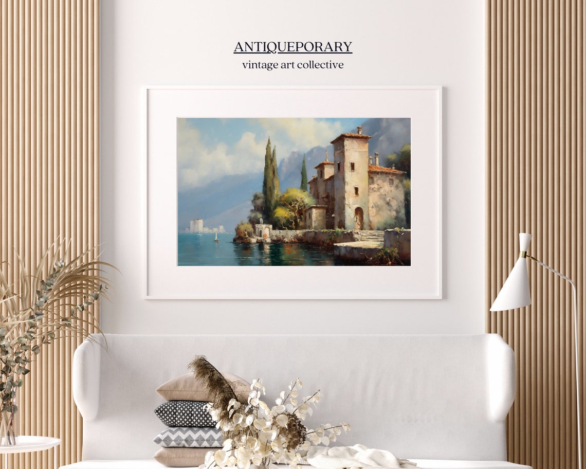 Italian Lake Village Stone Villa Cypress Trees Vintage Painting Poster - Image 6