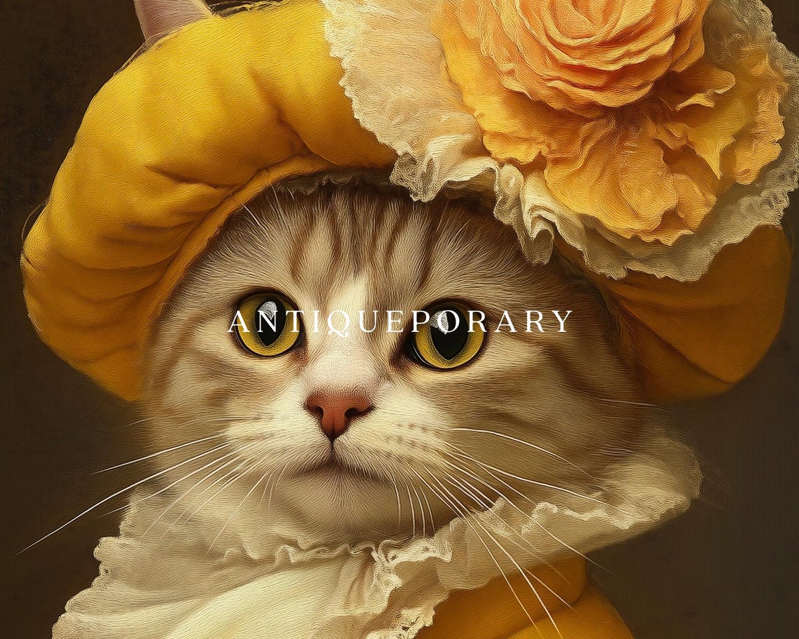 Golden Yellow Floral Hat Lady Cat Victorian Portrait Wall Art - Image 3