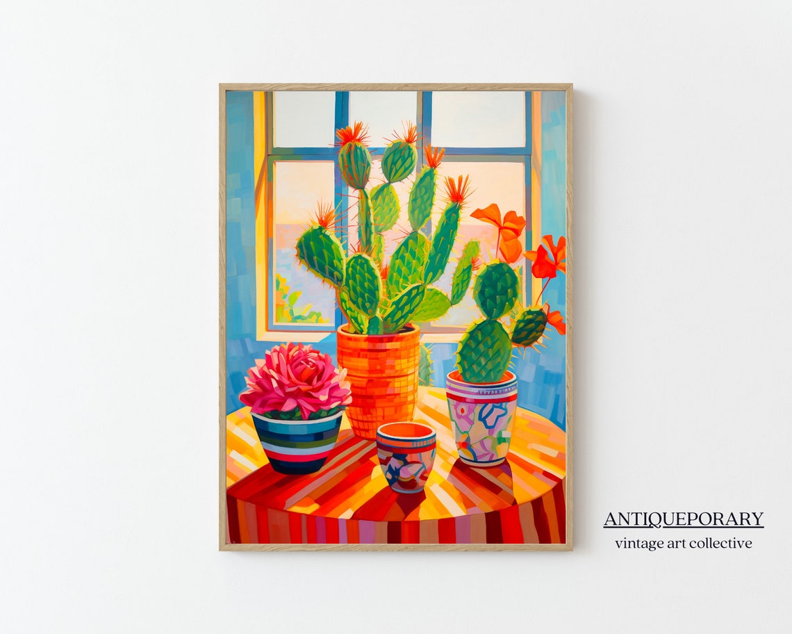 Colorful Potted Cacti by Sunlit Window Still Life Painting Poster