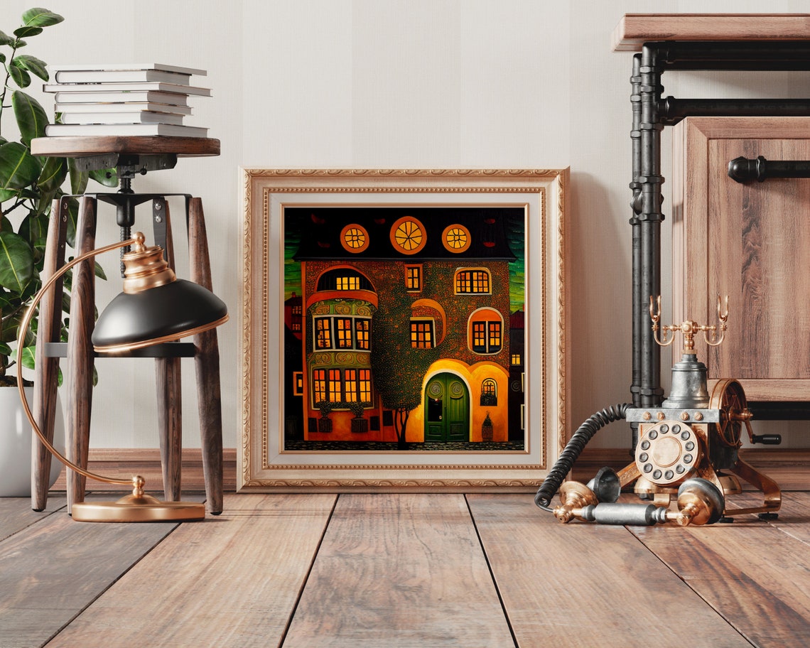 Glowing European Townhouse Night Facade Folk Art Architecture Poster - Image 3