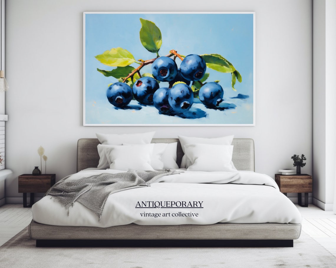 Blueberry Branch Still Life Bright Blue Painterly Fruit Art Poster - Image 4