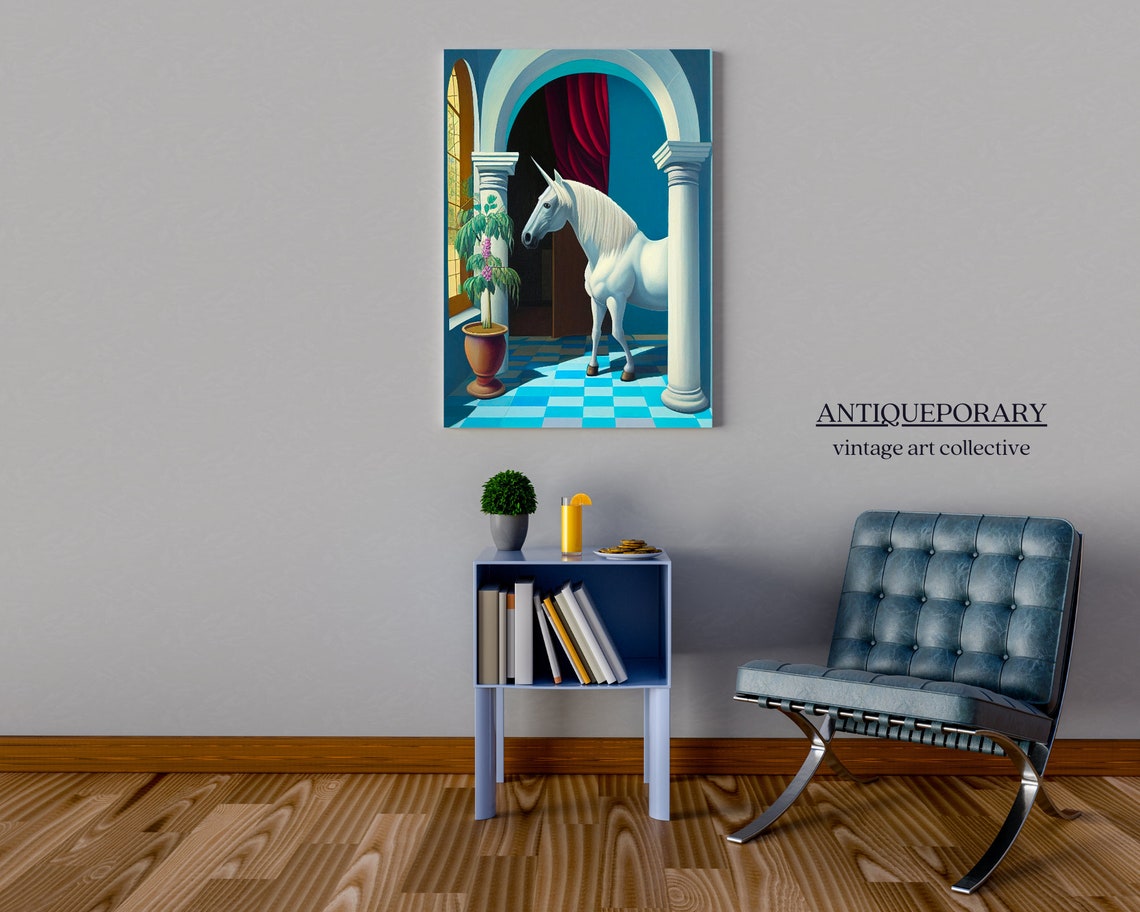 Whimsical White Unicorn in Classical Arched Blue Hallway Poster - Image 5