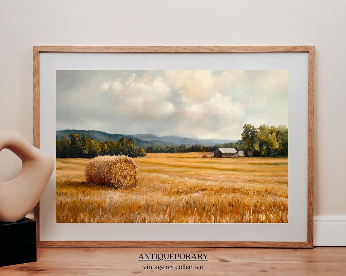 Golden Hay Field Round Bale Barn Farmhouse Rustic Oil Painting Poster - Image 5