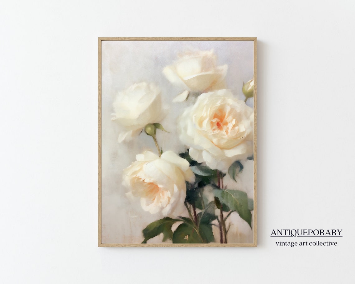 Cream White Roses Close Up Soft Neutral Floral Painting Poster