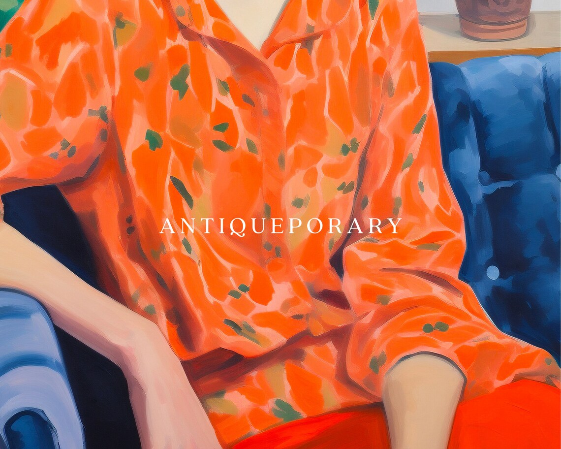 Woman in Orange Floral Blouse Modern Portrait with Tulips Poster - Image 2