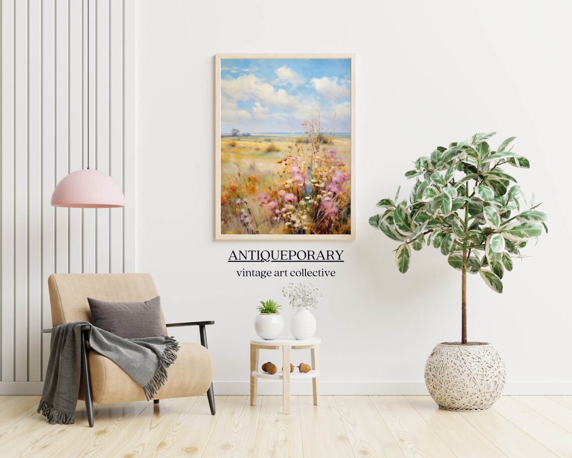 Wildflower Field Landscape Oil Painting Vintage Landscape Art Print Muted Country Field Wall Art Nature Art - Image 4