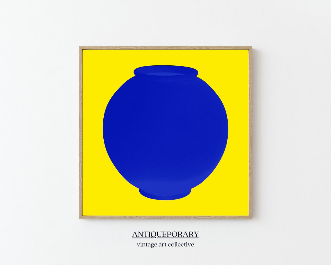 Bold Cobalt Blue Vase Silhouette on Bright Yellow Pop Art Poster