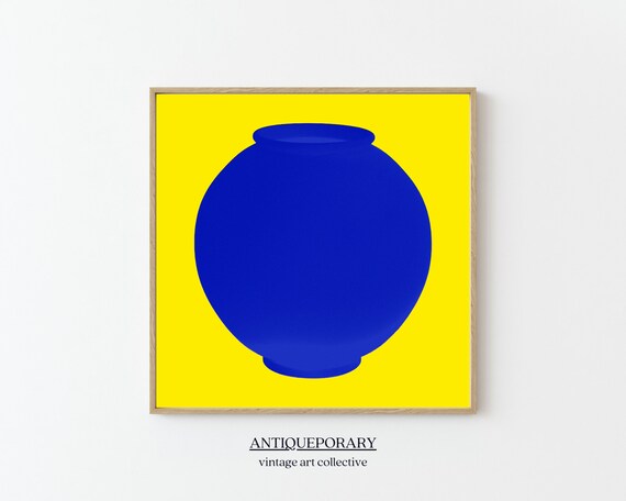 Bold Cobalt Blue Vase Silhouette on Bright Yellow Pop Art Poster
