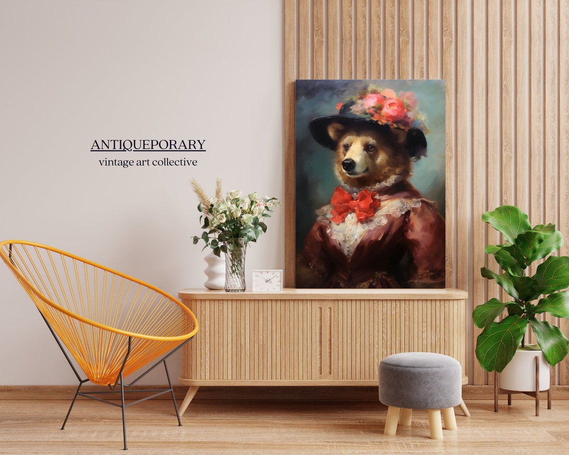 Bear Lady Vintage Portrait in Floral Hat and Red Dress Poster - Image 6