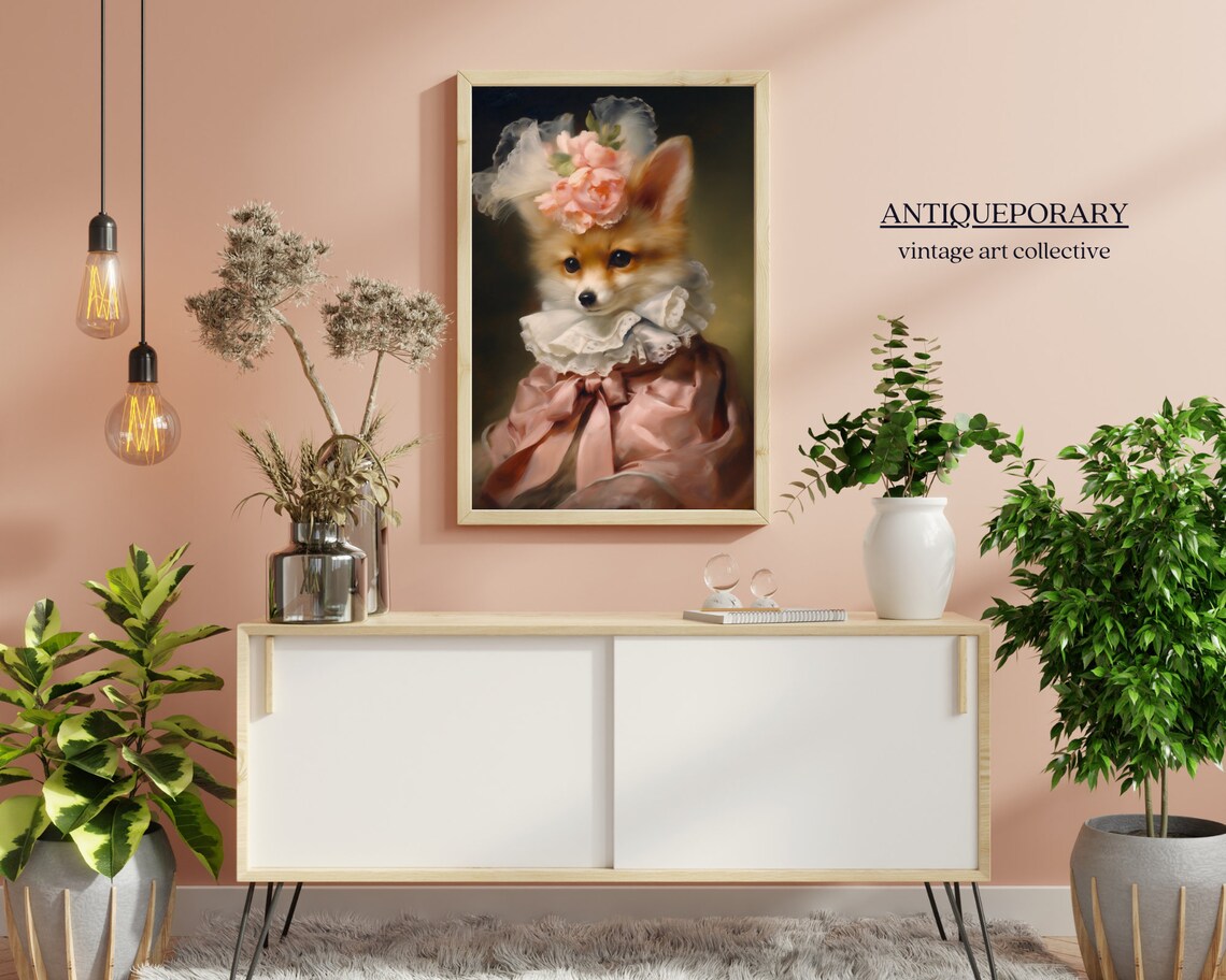 Baby Fox Pup Pink Dress Floral Hat Vintage Animal Portrait Poster - Image 5