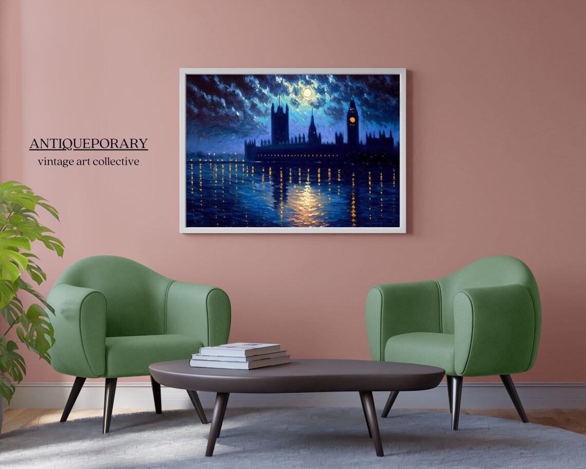 London Westminster Big Ben at Night Moonlit Thames Oil Painting Poster - Image 3