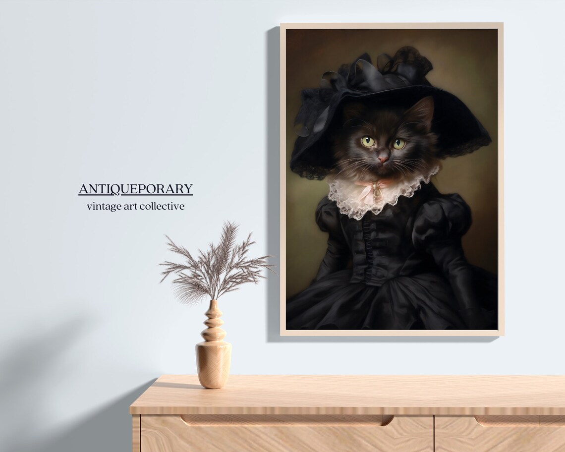 Elegant Black Cat Lady Victorian Dress Wide Hat Oil Portrait Poster - Image 4