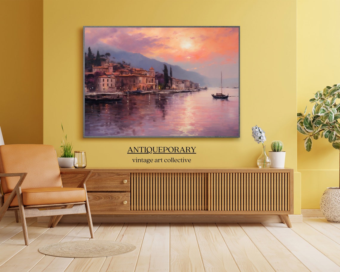 Harbor Town at Sunset with Boats Impressionist Landscape Poster - Image 4