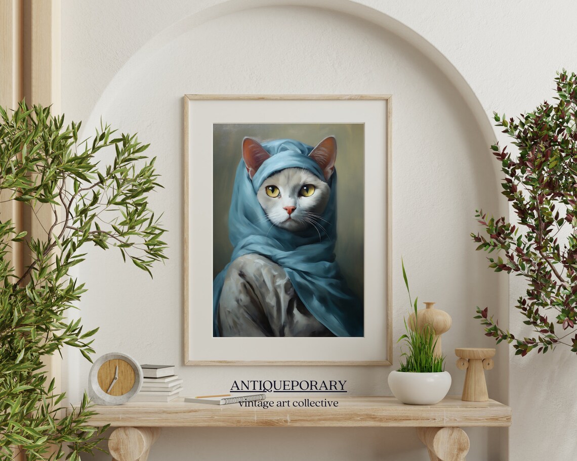 White Cat Blue Headscarf Victorian Lady Portrait Vintage Animal Poster - Image 2