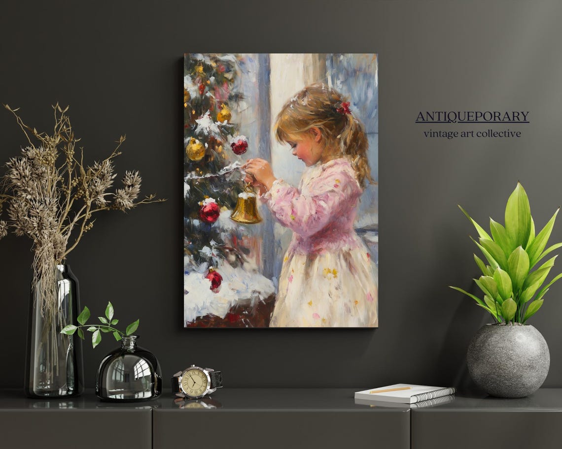 Little Girl Hanging a Golden Bell on a Snowy Christmas Tree Poster - Image 5