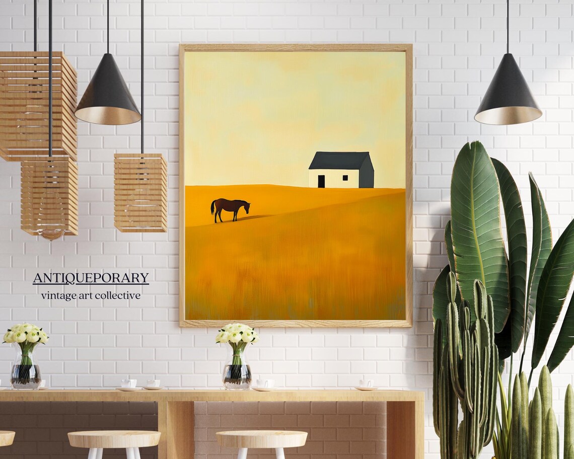 Golden Field Grazing Horse White House Warm Minimalist Art Poster - Image 3