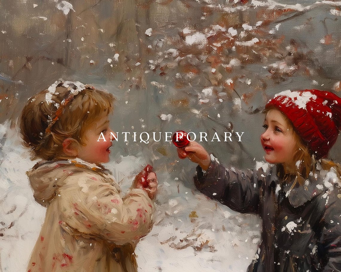 Two Girls Playing Together in the Snow Winter Nostalgia Scene Poster - Image 3