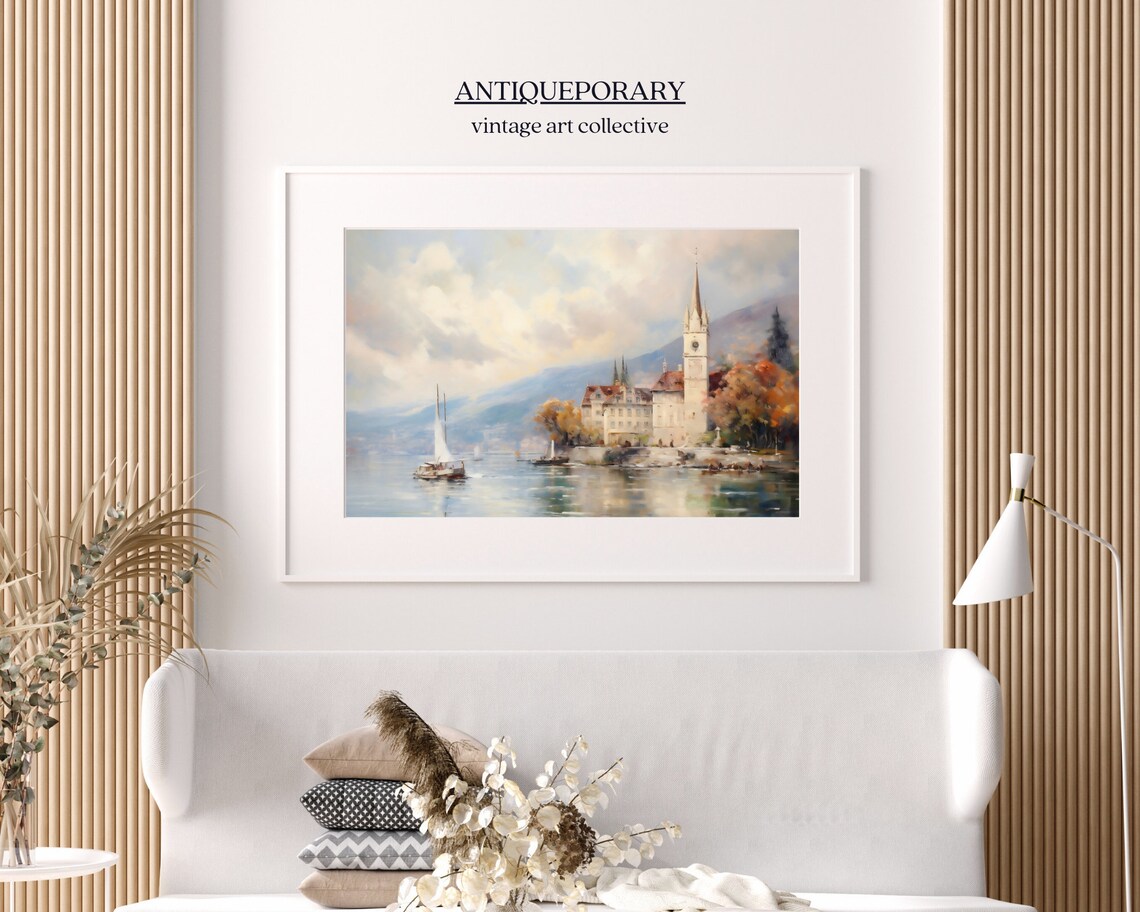 Lakeside European Town with Church Tower Sailboats Art Poster - Image 4