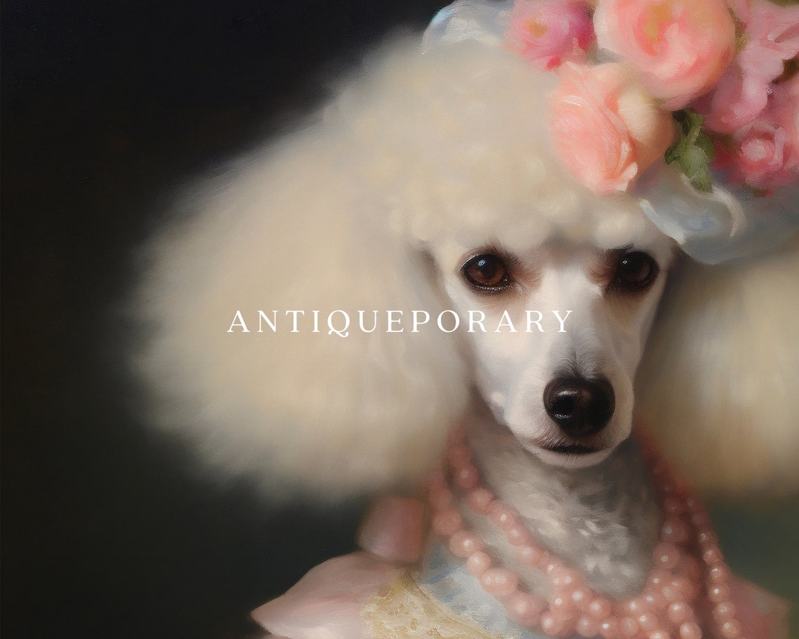 Elegant Poodle Lady in Pink Gown Pearl Necklace Portrait Wall Art - Image 3