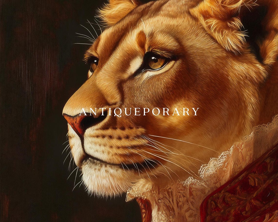 Royal Lioness Profile Red Victorian Gown Portrait Vintage Art Poster - Image 3