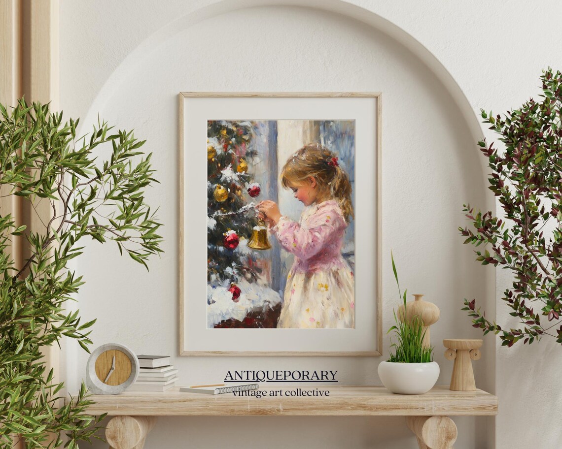 Little Girl Hanging a Golden Bell on a Snowy Christmas Tree Poster - Image 6