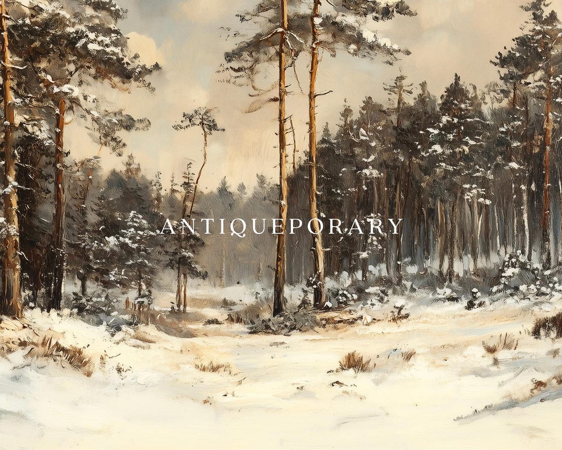 Snowy Pine Forest Winter Landscape Muted Vintage Painting Poster - Image 2