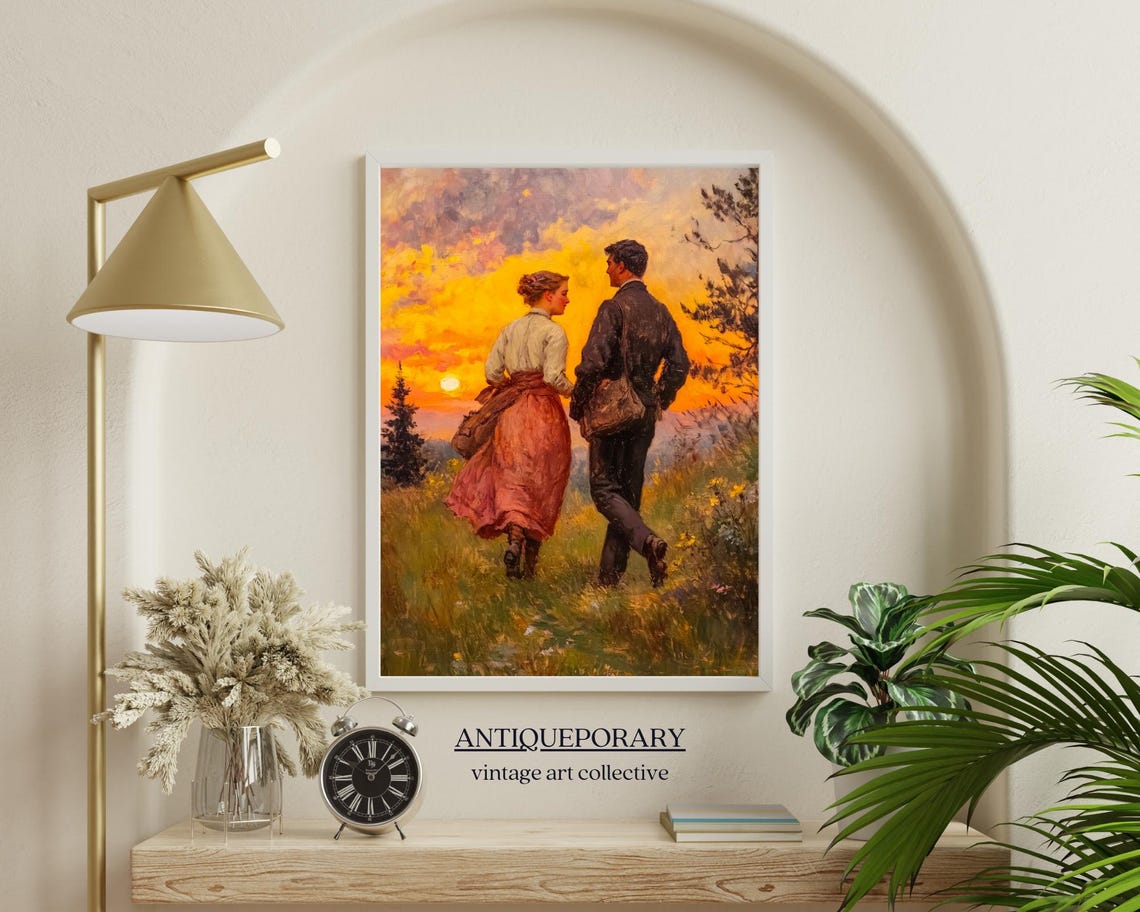 Vintage Lovers at Sunset Romantic Couple Walking Through Field Poster - Image 6