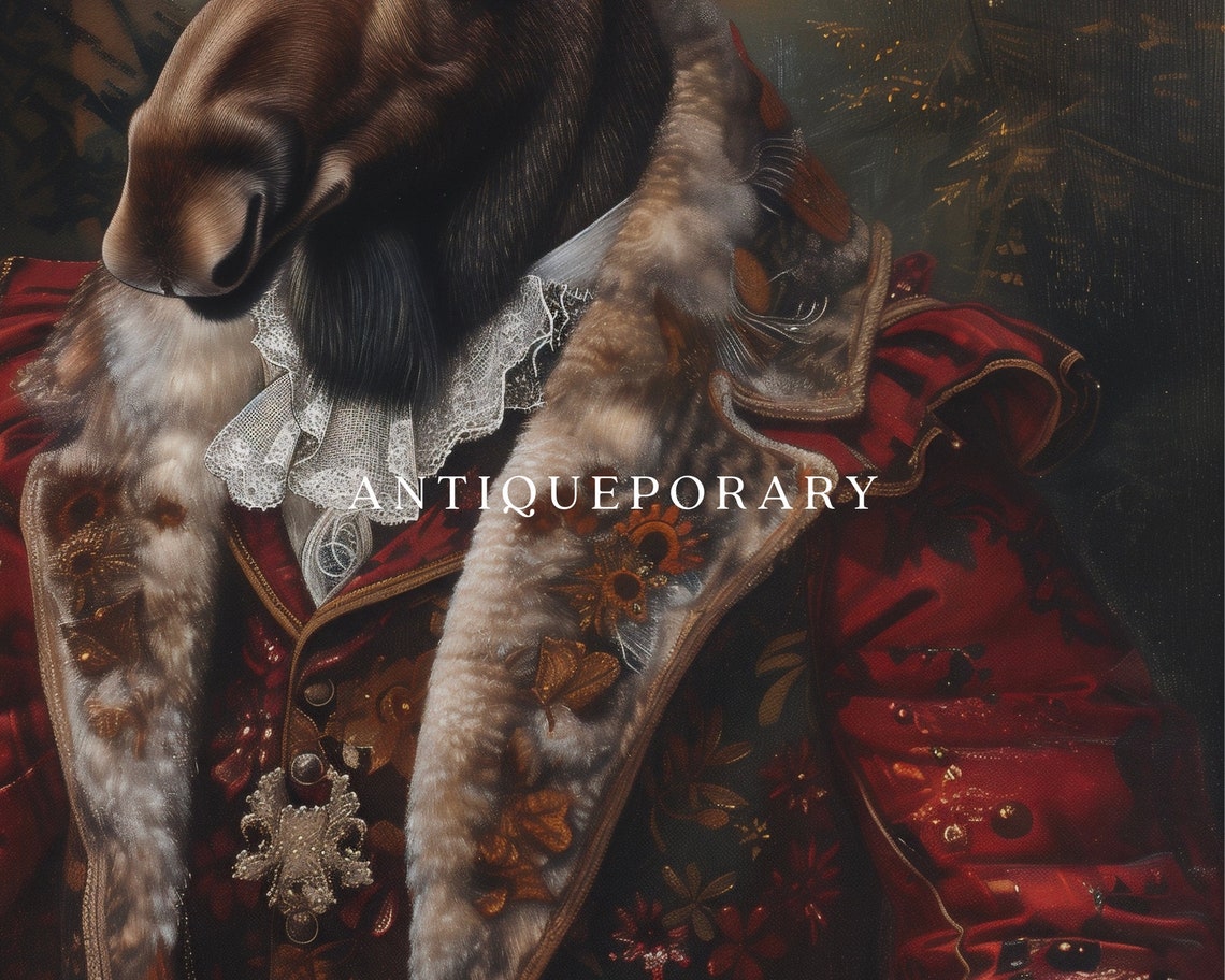 Moose Aristocrat Vintage Portrait in Red Fur Trimmed Coat Poster - Image 2