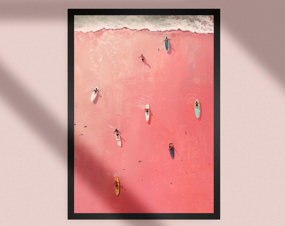 Surfer On A Pink Beach Abstract Coastal Art Print