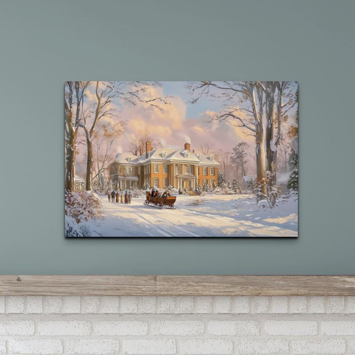 Snowy Estate Sleigh Ride Pink Sky Vintage Winter Scene Poster