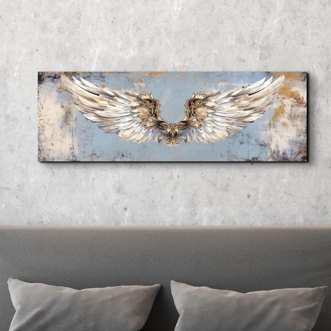 Spread Angel Wings Distressed Blue Panoramic Spiritual Art Poster